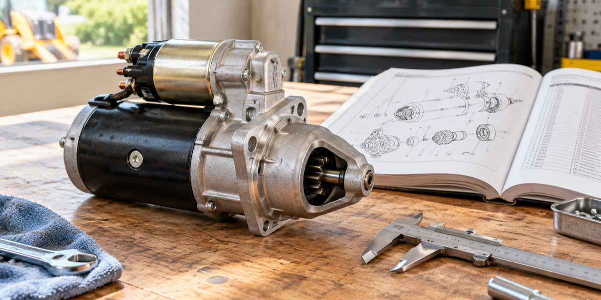 A starter motor on a bright workshop bench beside a parts manual and measuring caliper.
