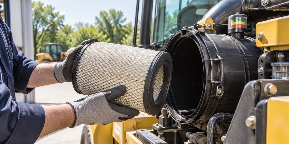 A mechanic holds an air-filter element beside an open heavy-equipment air cleaner in daylight.