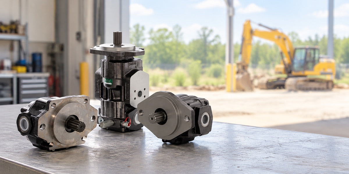 Hydraulic pump assemblies on a naturally lit work surface; illustrative composition.