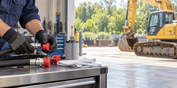 Technician protecting hydraulic hose ends on a clean workbench beside an excavator in a bright service bay