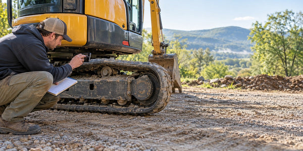 Technician photographing the undercarriage of a parked tracked excavator during a bright outdoor inspection