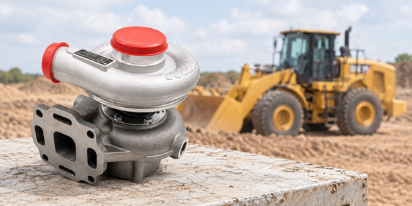 Turbocharger photographed against a bright equipment-service setting; editorial composite.