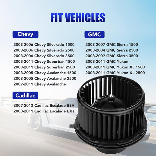 AC Blower Motor with Fan - Compatible with 2003-2006 Chevy Silverado 1500/2500, Suburban, Avalanche, GMC Sierra, Yukon, Cadillac Escalade - HVAC Heater Blower Motor Replaces #700191 - KUDUPARTS
