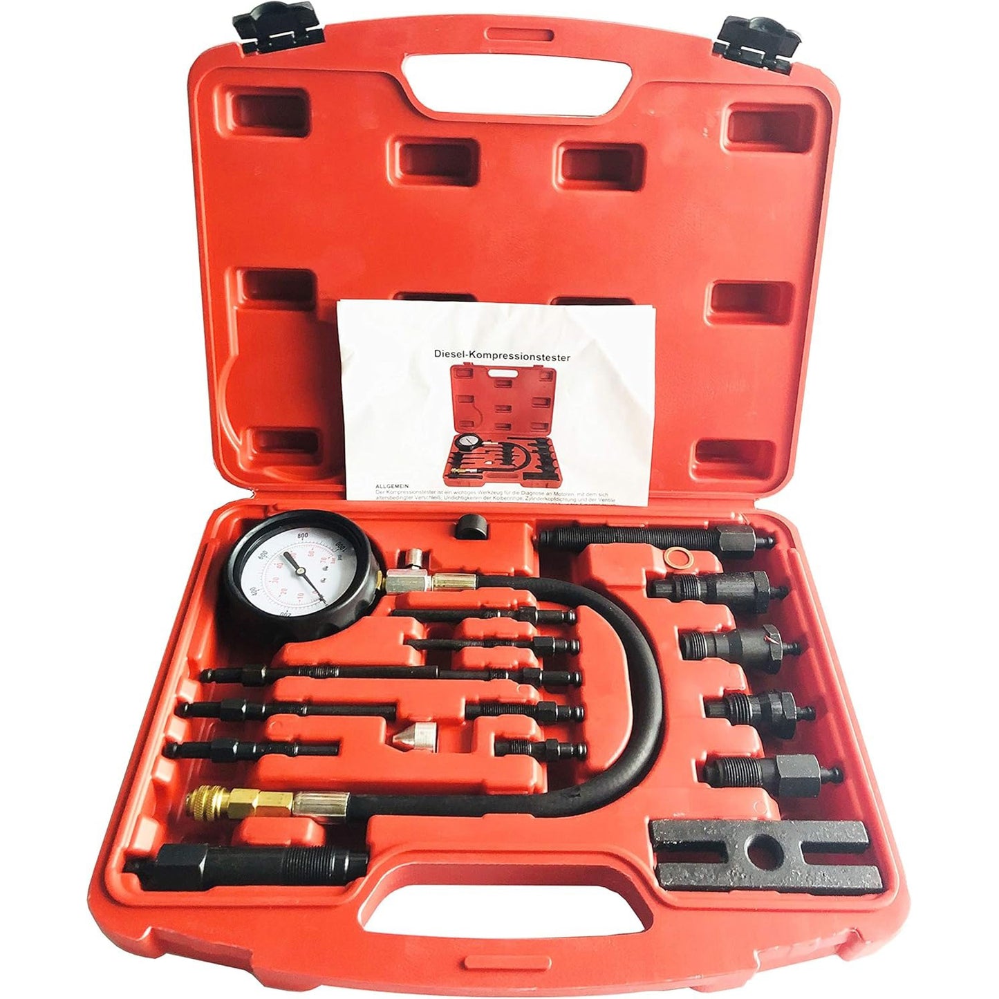 16 Pieces Professional Diesel Engine Cylinder Compression Tester Tool Kit TU-15B Full Range Detection Pressure Gauge Set for Vehicle