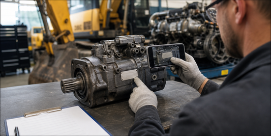 Technician photographing an identification plate on a heavy equipment hydraulic component in a workshop