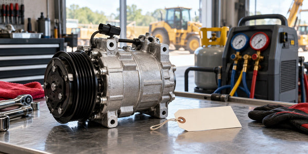 Heavy-equipment A/C compressor on a bright service bench with refrigerant service equipment in the background.