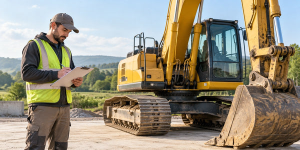 Service technician recording an observation on a clipboard beside an excavator in bright morning light