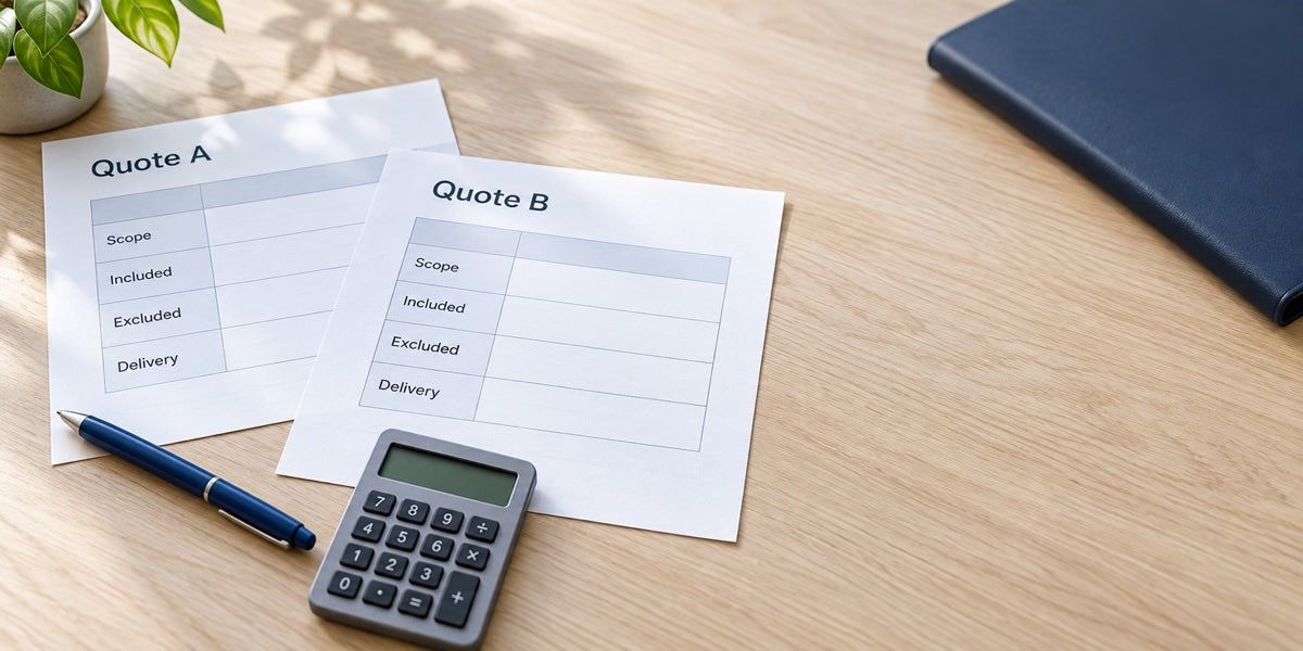 Two illustrative quote sheets comparing scope, inclusions, exclusions and delivery.