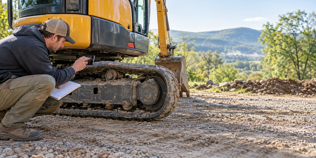 Technician photographing the undercarriage of a parked tracked excavator during a bright outdoor inspection