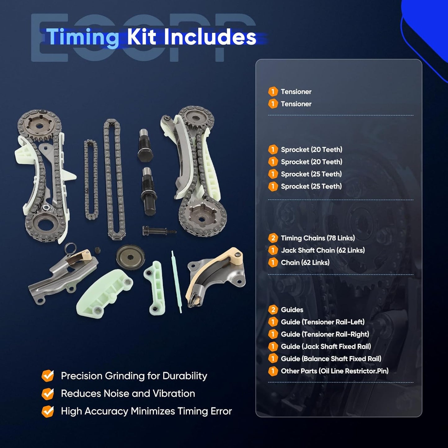 Engine Timing Chain Kit for Ford Explorer Sport (2001-2011) & Ford Ranger – OE 1L2Z-6L266-AA, 2L2Z-6306-AA – Includes Jack Shaft Chain, Sprocket, Tensioner & Guide