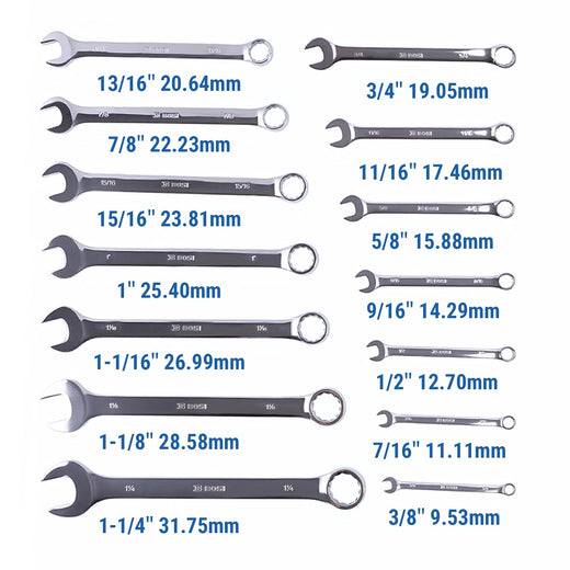 14 Pieces SAE Combination Wrench Set (3/8" to 1-1/4") with Roll-Up Storage Pouch - KUDUPARTS
